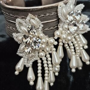 White Artisan Crafted Clip-on Earrings with Pearlized Beads & Rhinestones 2.14"L